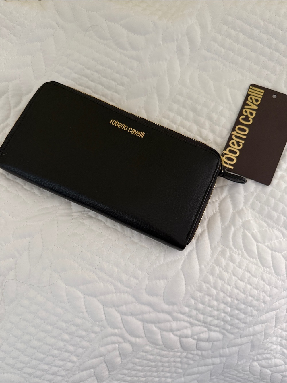 Roberto Cavalli Black Leather Zip Wallet with Gold Logo